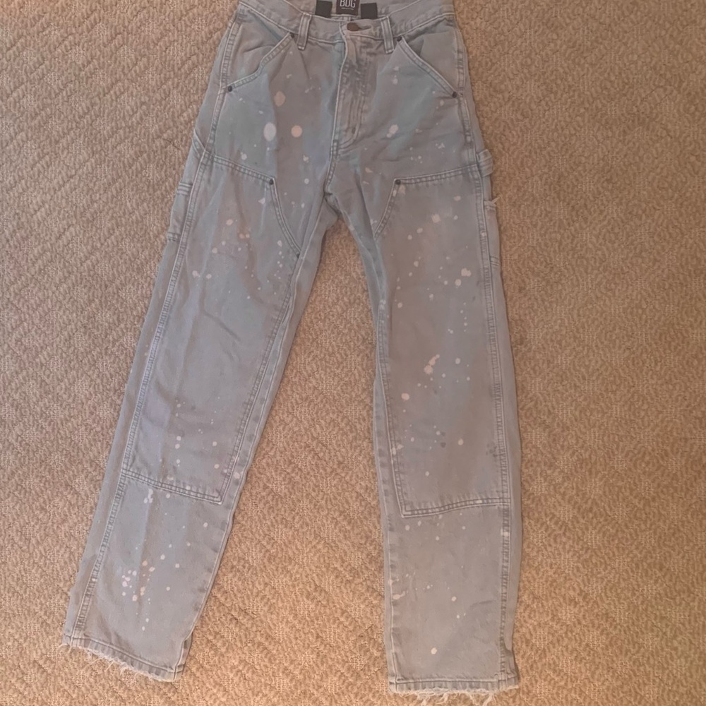 Urban outfitters high rise carpenter jeans grey with pink paint splatter